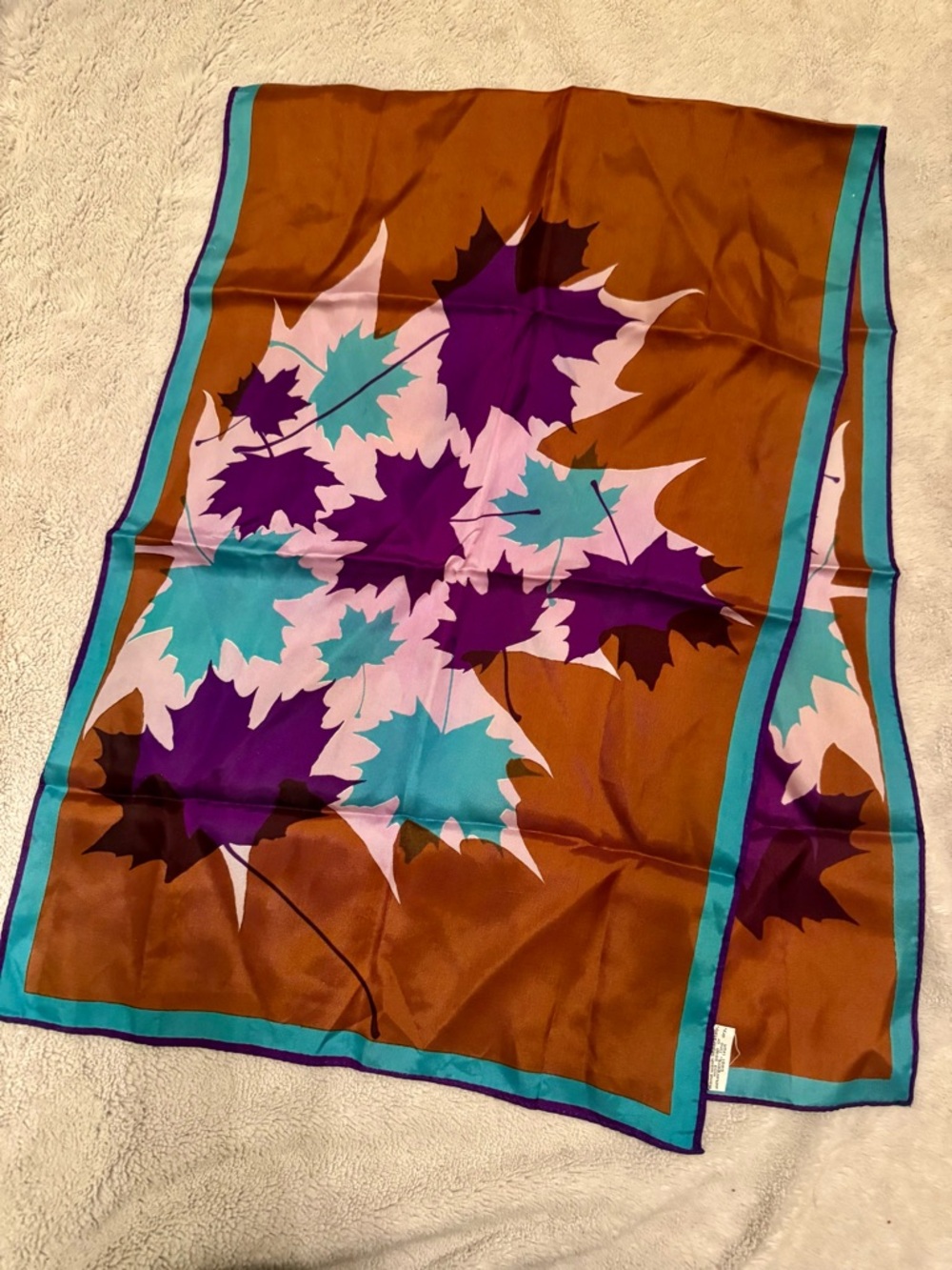 Vera Neumann Oblong Scarf 44x15 Brown Teal Purple Leaves Japan Vintage - Picture 3 of 9